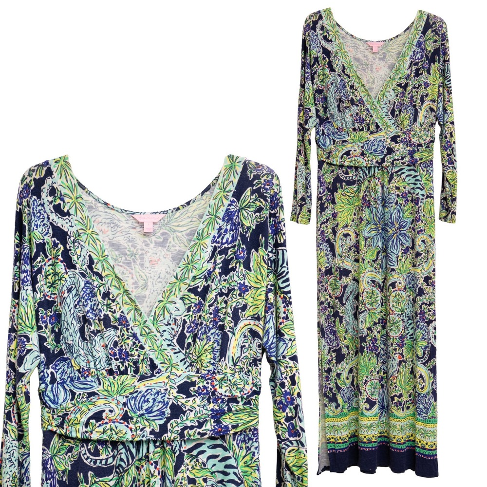 Lilly Pulitzer Sz L Maxi Dress "See You Later Alligator" Print Light Long Sleeve